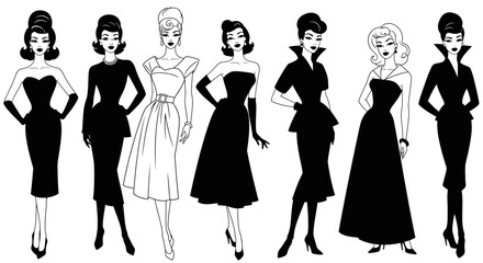 Retro 1950s 1960s fashion illustration women styles collection
