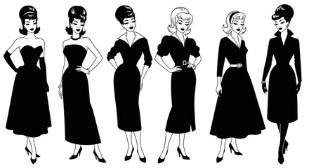 Elegant retro women in stylish black dresses fashion illustration