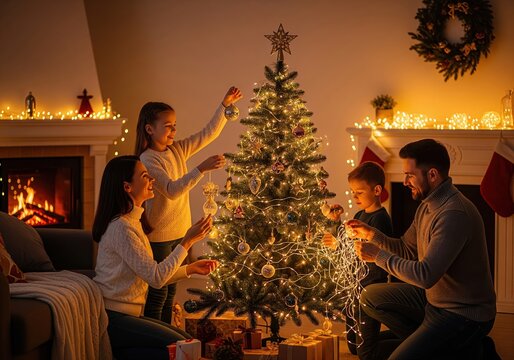 Happy family decorating a Christmas tree together in a cozy home