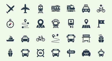 Travel and navigation icons for maps, journeys, and transport routes.