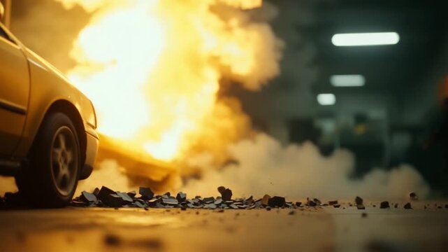 Car Explosion: A car, engulfed in a fiery explosion, creates a dramatic scene of destruction and chaos.