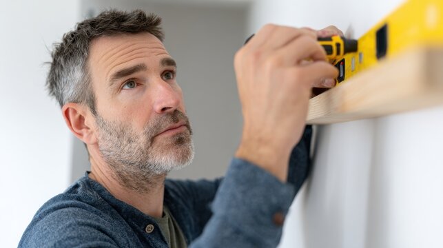 Man Using Level Tool To Install Shelf On Wall. Home Improvement And Diy Project