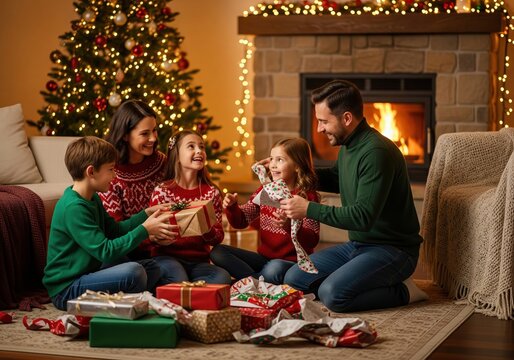 Happy family unwrapping Christmas presents together by the fireplace on a festive evening - Powered by Adobe
