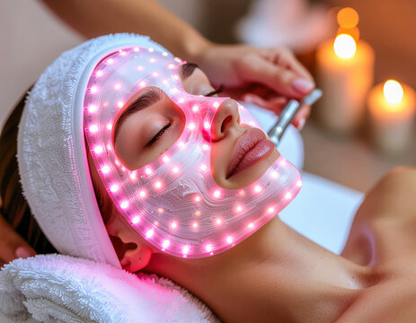 Ultra-realistic image of a woman lying comfortably under an LED therapy mask emitting soft red light, surrounded by a spa atmosphere with candles glowing in the background, capturing the soothing mood