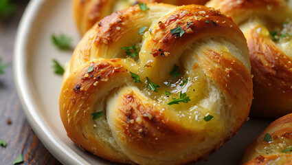 Freshly baked garlic butter knotted bread roll topped with herbs, golden crust, and melted buttery glaze in a close up appetizing view