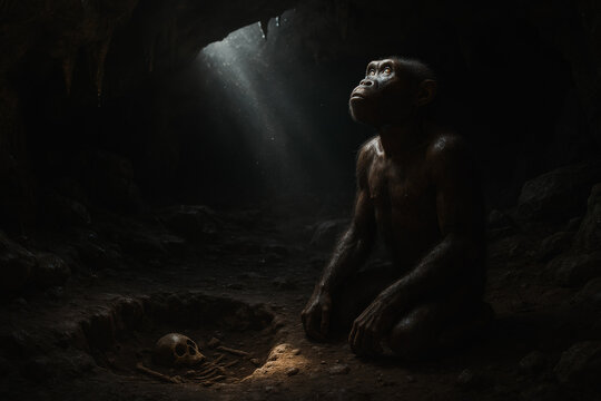 prehistoric humans and early hominins, showing stages of human evolution, ancient ancestors, early tools, and paleoanthropology concepts in a natural prehistoric environment.