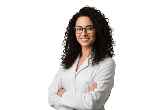 Smiling woman wearing glasses and white lab coat with arms crossed isolated on transparent background - Powered by Adobe