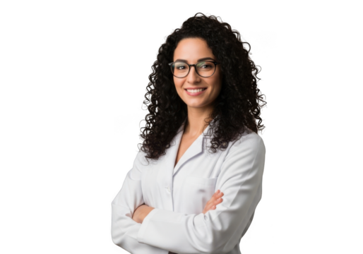 Smiling woman wearing glasses and white lab coat with arms crossed isolated on transparent background