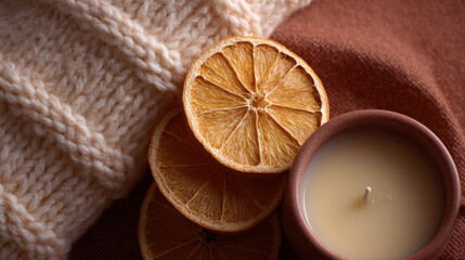Warm rustic flatlay with wool textures dried orange slices and cozy candle creating comforting autumn atmosphere