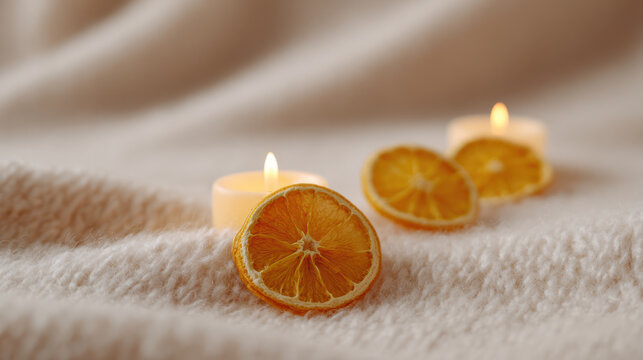 Dried orange slices with lit candles on soft beige fabric creating warm and cozy atmosphere for relaxation or decoration