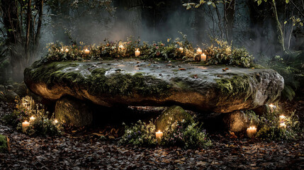 In a mystical forest, an ancient Slavic pagan altar stands surrounded by the gentle glow of soft candlelight, creating an enchanting atmosphere