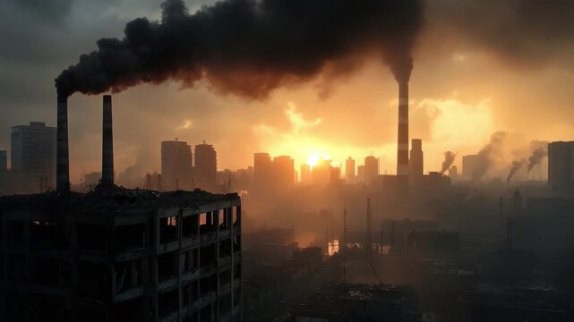 Darkening Skies: An industrial landscape is overwhelmed by pollution, a stark image of environmental concern where the setting sun casts a somber glow.
