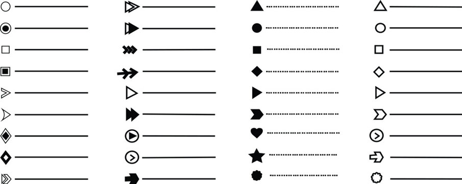 BULLET POINTS. MINIMALISTIC BULLET POINT ICONS WITH ARROW, DOTS AND STAR, HEART SHAPES, VECTOR SET FOR UI UX DESIGN, WEB DEVELOPMENT, PRESENTATIONS AND INFOGRAPHICS VECTOR ILLUSTRATION