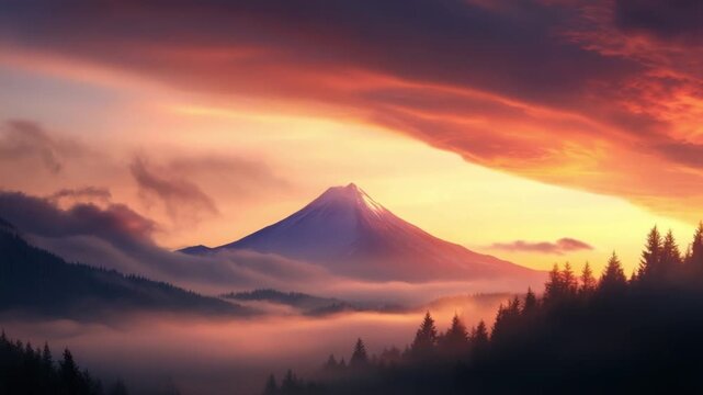 Majestic Mountain at Sunset: A breathtaking panorama unfolds as a snow-capped peak is illuminated by the fiery hues of the setting sun, with silhouettes of trees in foreground.