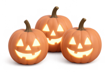 Group of halloween jack-o'-lanterns glowing with scary carved faces, creating spooky autumn holiday atmosphere