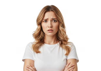 A young woman with blonde wavy hair and a concerned expression wearing a white t shirt isolated on transparent background