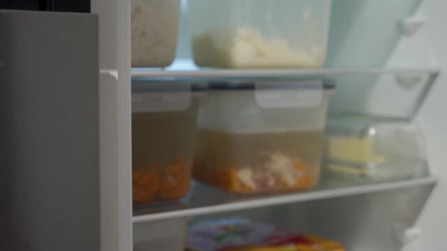 Refrigerator interior with plastic food containers visible. The door is pulled open and then closed. A distinct magnetic suction and release sound is heard, followed by a light, constant hum.