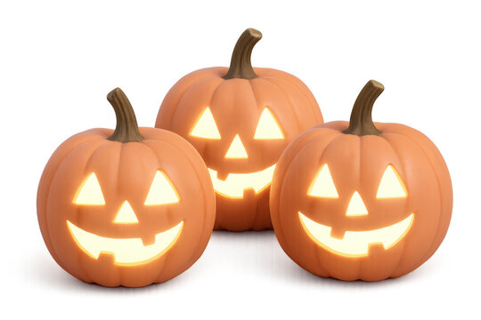 Group of halloween jack-o'-lanterns glowing with scary carved faces, creating spooky autumn holiday atmosphere