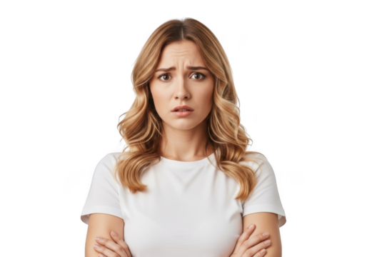 A young woman with blonde wavy hair and a concerned expression wearing a white t shirt isolated on transparent background