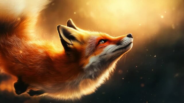Vivid Fox's Journey: A captivating image of a fox, its fiery fur gleaming against a backdrop of golden light, looking up in aspiration and wonder.