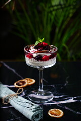 Close-up of a beautifully plated dessert with rich textures and vibrant colors, soft lighting, high-end food photography, gourmet sweets concept