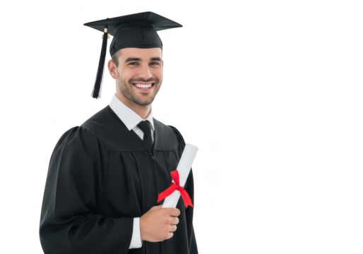 A smiling young man wearing a graduation cap and gown holds a diploma with a red ribbon isolated on transparent background - Powered by Adobe