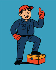 Cartoon vector illustration of a handyman or plumber character standing and working with a wrench and plunger tool
