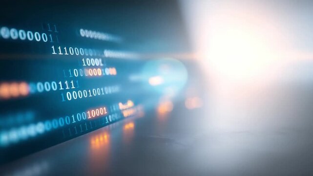 Digital Code Stream: Abstract representation of digital data flowing, suggesting complexity and interconnectivity in a futuristic, technology-driven world.