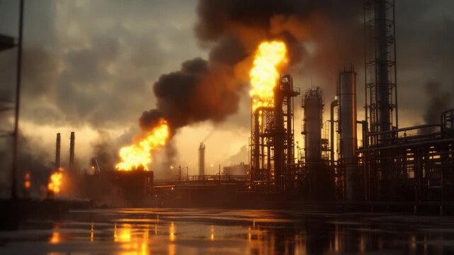 Industrial Flames: An imposing industrial facility belches flames into a stormy sky, embodying the raw power and environmental implications of industry. The dark.