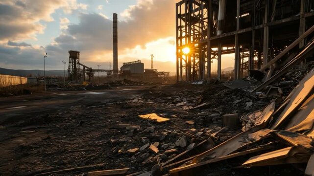 Industrial Ruins: A desolate industrial landscape, with remnants of factories and structures silhouetted against a dramatic sunset sky. This image captures the raw beauty of decay.
