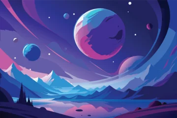 Selbstklebende Fototapeten Violett Cosmic landscape minimalist background with vibrant planets above a tranquil lake reflecting an alien sky and futuristic mountains, vector illustration of an interstellar journey through serene space  © Raj
