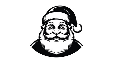 Classic vintage illustration of santa claus face with a beard and hat in a detailed black and white silhouette style