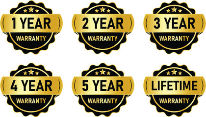 Collection of six golden warranty badges with different durations including one two three four five year and lifetime guarantees