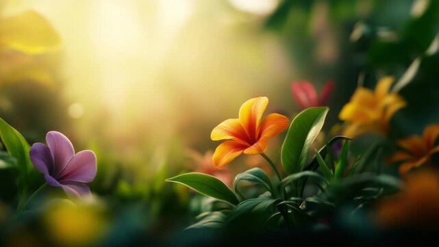 Floral Paradise: A vibrant display of colorful wildflowers thrives in a sun-drenched garden, their delicate petals and lush greenery creating a scene of natural beauty and tranquility.