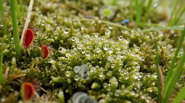 Carnivorous Plants: Sundew and Venus Flytrap in a Dewy Mossy Habitat