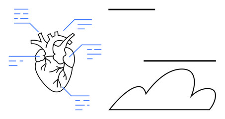Detailed heart drawing with blue annotation lines, spaced text placeholders, and a cloud graphic. Ideal for anatomy, education, biology, health, science cardiovascular and medical topics. Perfect