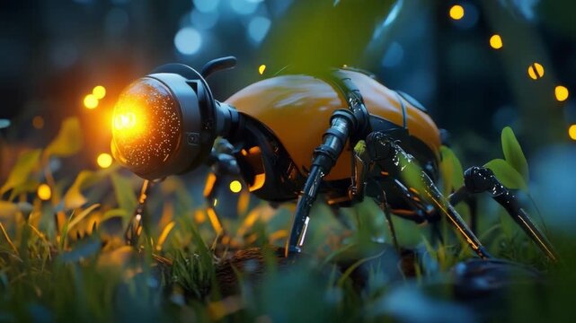 Robotic Insect in natural background:A close-up shot of a unique, robotic insect with a glowing eye peers out from a bed of verdant foliage, its presence both captivating and thought-provoking.