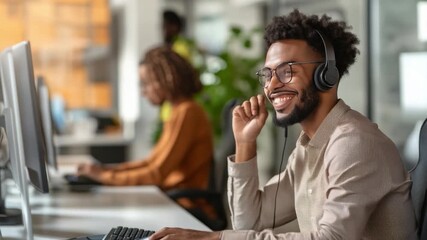 Customer Service: A young, smiling individual wearing a headset and spectacles appears to be in his element in a dynamic office environment. He seems engaged in a lively conversation.