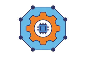 Dynamic technological innovation concept with central processor and gear mechanism symbolizing advanced engineering and digital transformation.