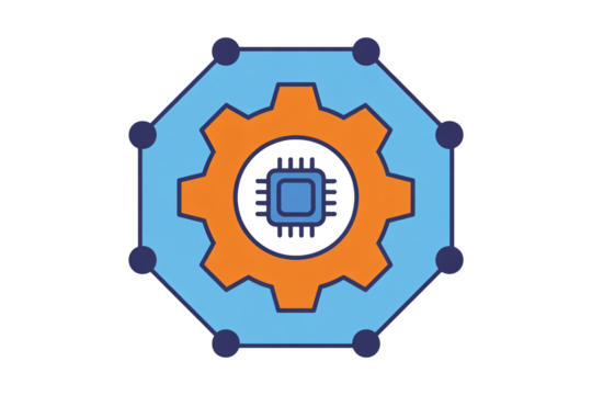 Dynamic technological innovation concept with central processor and gear mechanism symbolizing advanced engineering and digital transformation.