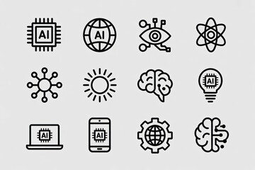 Dynamic AI icons showcase innovation, intelligence, and technological advancement with diverse symbols like brains, circuits, and globes for modern digital concepts.