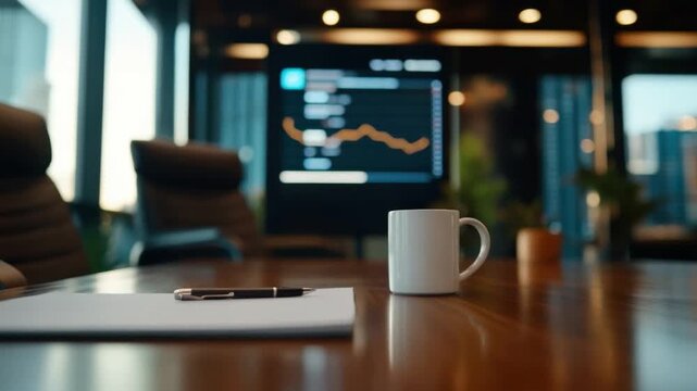 Business Meeting Setup: A boardroom is set with modern office, with a blank coffee cup, papers and pens laid out on the surface of meeting table.
