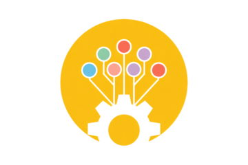 Dynamic network nodes connected to central gear symbolizing innovation, technology, and integrated systems for progress.