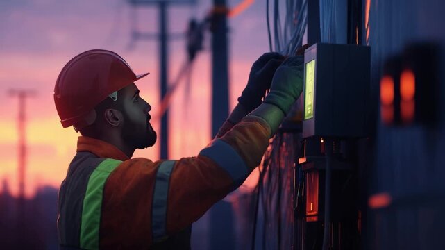 Tech Savvy in the Dawn: A skilled technician, equipped with protective gear, diligently inspects a network control panel amid the soft hues of dawn. He works with unwavering commitment.