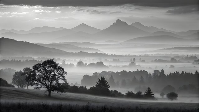 Misty landscape with rolling hills and a solitary tree in the foreground at dawn