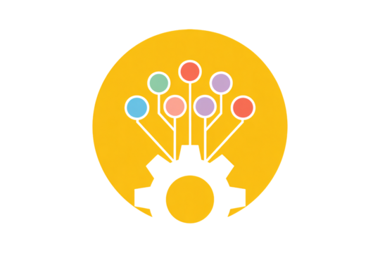 Dynamic network nodes connected to central gear symbolizing innovation, technology, and integrated systems for progress.