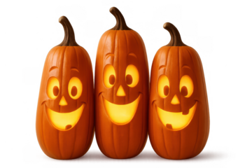 Three smiling carved halloween pumpkins glowing with warm light, depicting spooky holiday celebration, transparent background