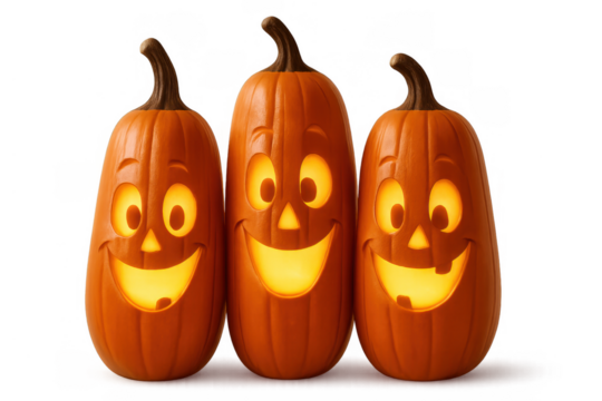 Three smiling carved halloween pumpkins glowing with warm light, depicting spooky holiday celebration, transparent background