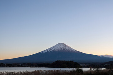 View of landscape fuji mountain in winter at Lake Kawaguchi