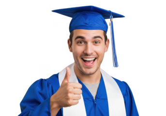 Excited young man wearing blue graduation cap and gown giving thumbs up gesture isolated on transparent background
